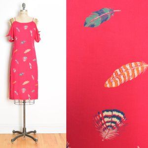 vintage 80s dress magenta pink bird FEATHER print midi sun dress S hippie boho